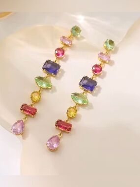 NEW Multicolor and Multi Shape CZ Crystal Drop Earrings in Gold Tone Metal